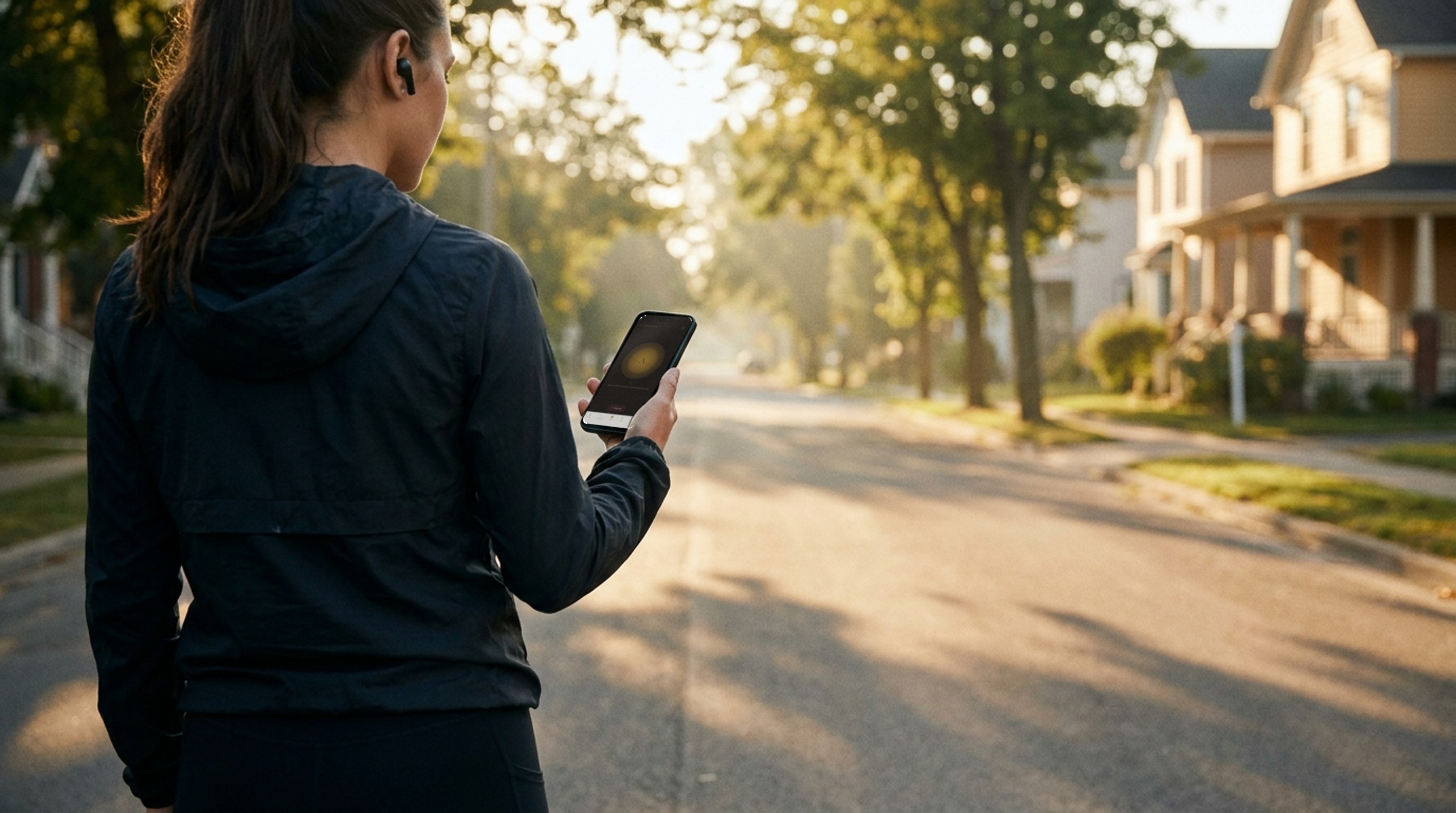 A woman on a sunrise walk with an earbud in, on a voice call with her Resurgo coach