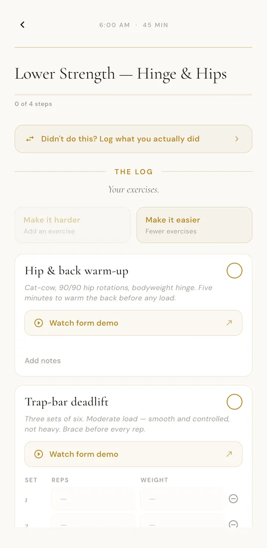 A workout block, set by set