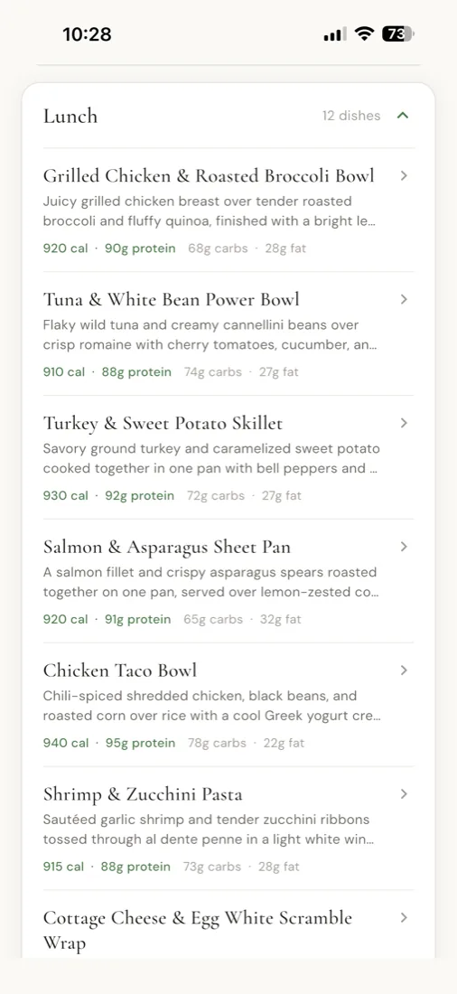 Your meal menu
